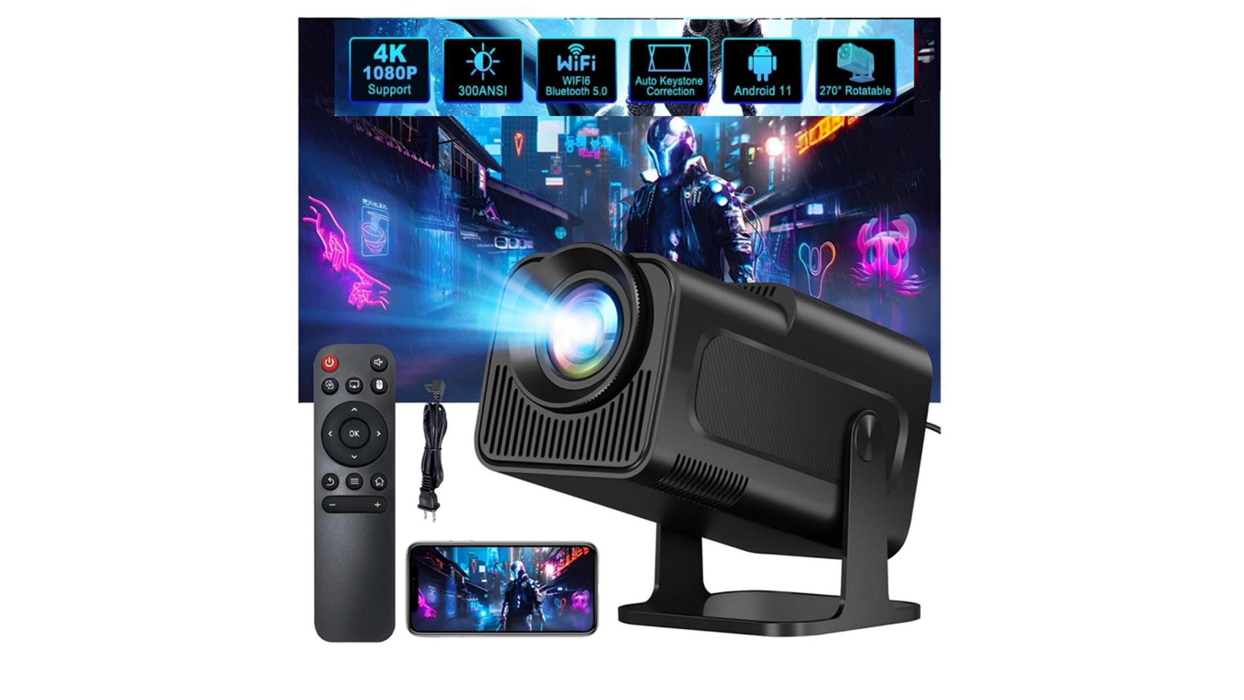 Videoproiettore portatile 4K con rotazione a 180°, il complemento perfetto per il tuo home cinema smart