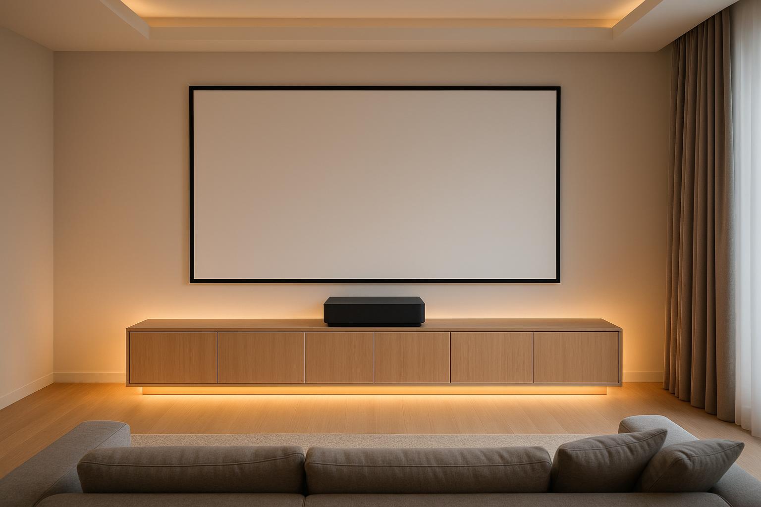 Home cinema con proiettore a tiro ultra corto e mobile dedicato: come progettare un salotto ordinato