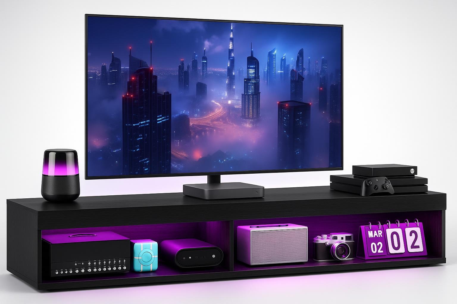 Home cinema con stazione di ricarica integrata: organizzare TV, controller e cuffie in un unico angolo