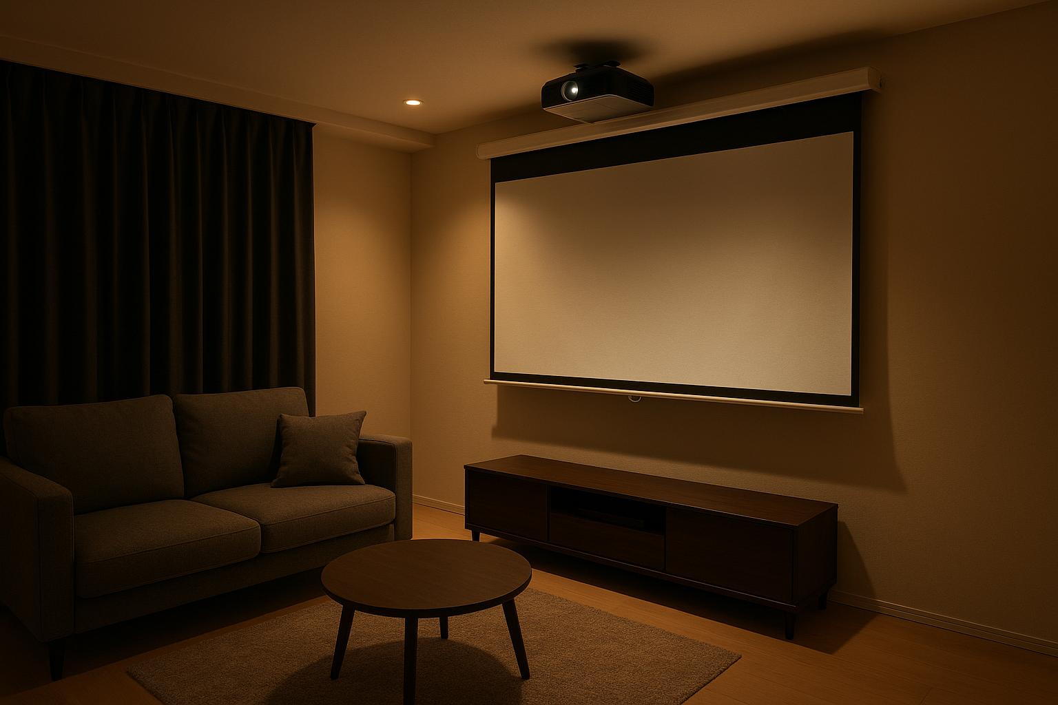Home cinema con proiettore a tiro lungo in salotto piccolo: come ottenere un grande schermo senza stravolgere la stanza
